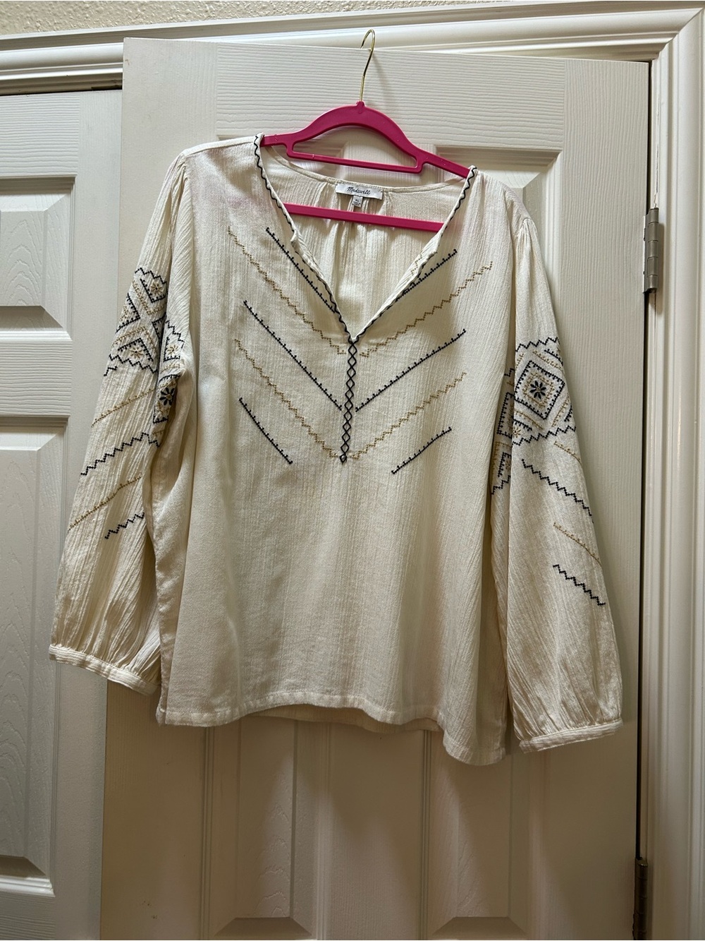 Madewell Cream Boho Embroidered V-Neck Blouse